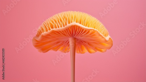  a close up of a mushroom on a pink background with a pink background.  generative ai