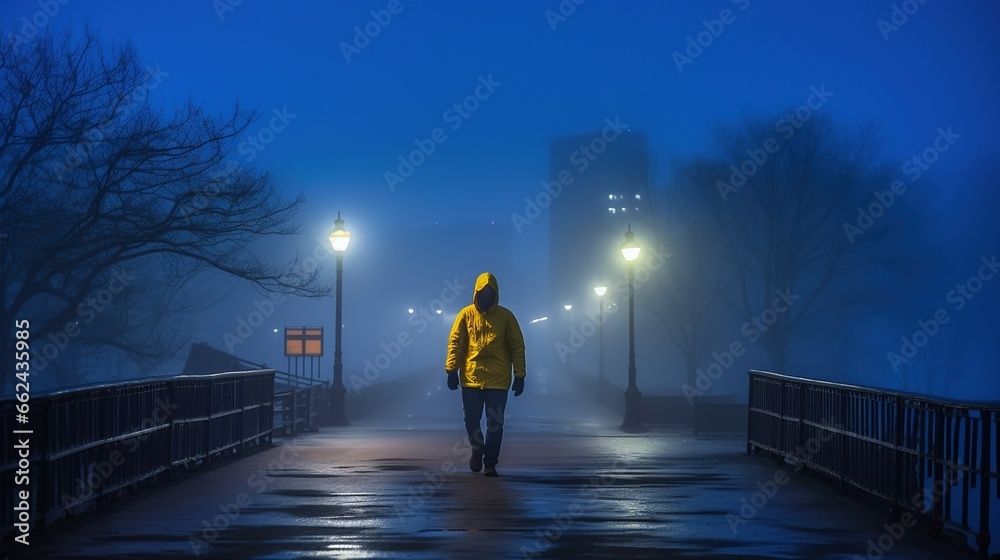 Fog in the park an autumn day. Surreal man walking in the park at night. Illustration for banner, poster, cover, brochure or presentation.