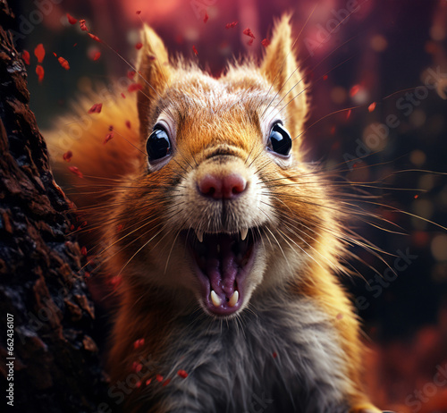 A close-up of a ferocious red squirrel with its mouth open, showcasing sharp teeth in a dramatic display of aggression.