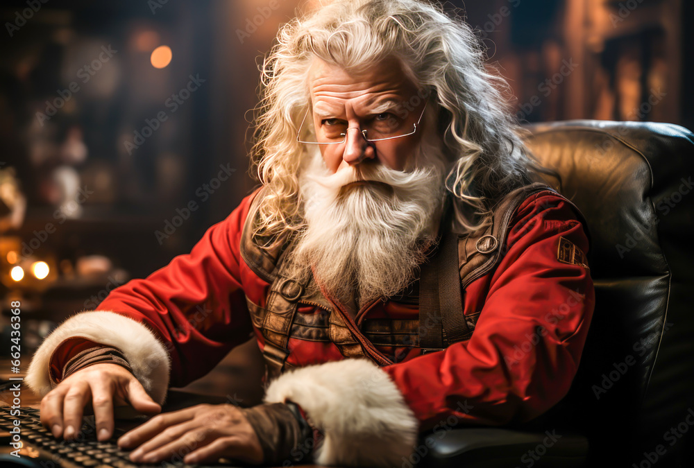 santa claus is sitting at his desk in front of the computer, making lists of children who have behaved well or badly, christmas, winter, gifts.