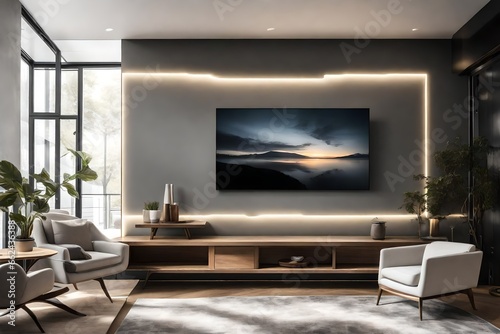 A Canvas Frame for a mockup resting on an elegant floating shelf  with a backlit ambiance  in a modern TV room