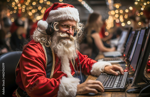santa claus with headphones in a telephone exchange taking orders, working at christmas,