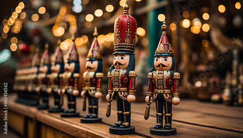 several christmas nutcrackers in a row, on a wooden table, ornaments and christmas decorations photo