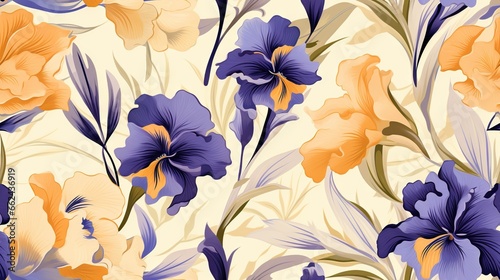  a floral pattern with blue and orange flowers on a white background. generative ai