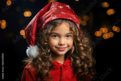 portrait photo of a little girl with santa claus hat, smiling, christmas, winter, presents