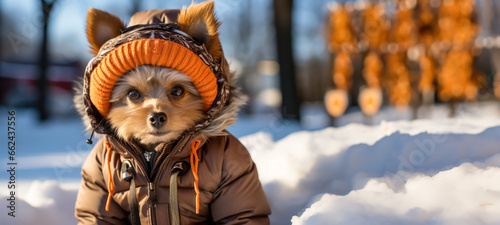 photo of a yorkshire terrier dog in the snow, dressed with coat and hat for the cold, cute, winter, christmas, animals