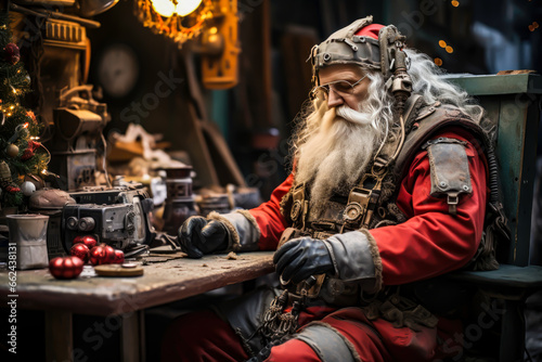 santa claus post apocalyptic scene, sitting at a table with clothes from an alternate future or what may happen, christmas concept