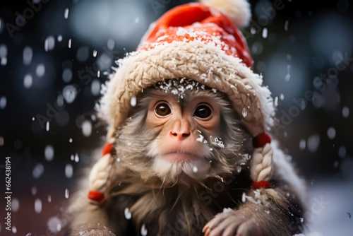 a monkey in the snow dressed in a red hat and coat, christmas concept animals © VicenSanh
