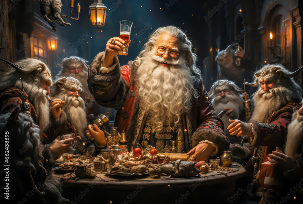 santa claus sharing a meal with the dwarf elves, christmas spirit,