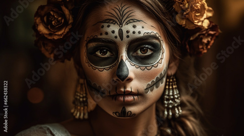 portrait of a woman in skull mask at day of the dead