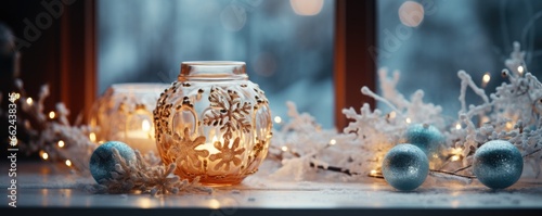 Xmas window decoration with snow outdoors. Celebrate festive concept.