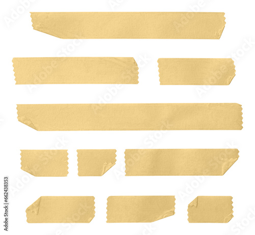 Collection of adhesive tape pieces with zigzag ends on transparent background 