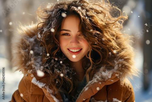 a girl in winter, she is warm and cold, it is snowing, she is smiling and happy.