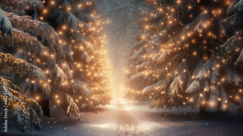 Narrow path in enchanted winter forest illuminated by golden fairy lights on snow-covered trees © ChaoticDesignStudio