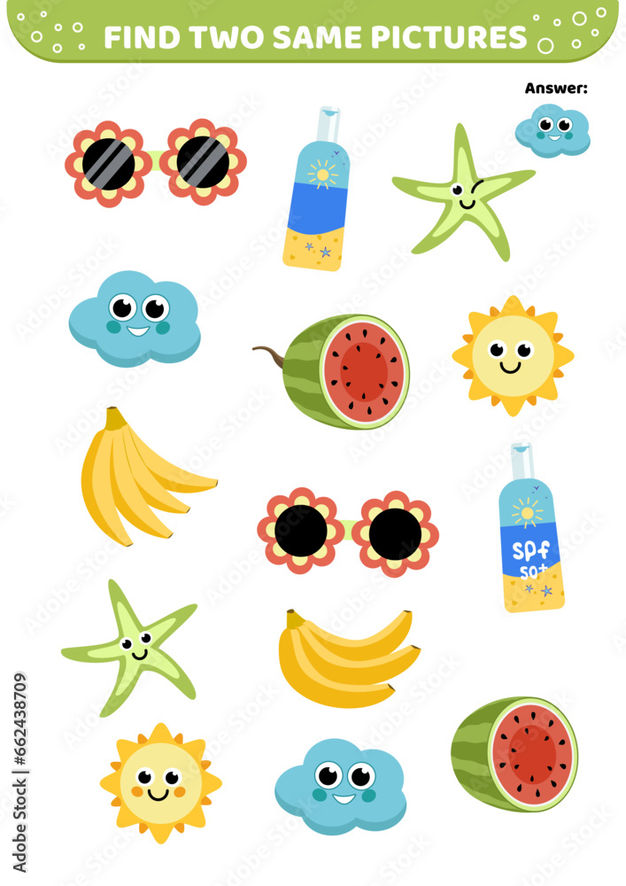 Find two same pictures. Summer elements. Game for children. Flat, cartoon, vector Find two same pictures. Summer elements. Game for children. Flat, cartoon, vector