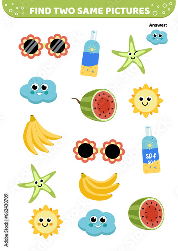 Find two same pictures. Summer elements. Game for children. Flat, cartoon, vector