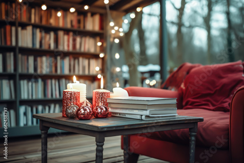 scene with a table with books, hot chocolate, candles, Christmas decorations, and a chair with a blanket,