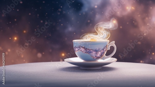 White teacup galaxy around saucer sets illustration picture AI generated art photo