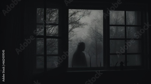 A person standing in front of a window in a dark room