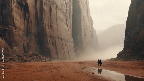  two people walking on a sandy beach near a mountain range. generative ai