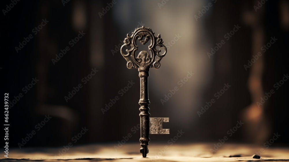 An old key is sitting on a table - obrazy, fototapety, plakaty 