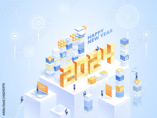 2024 Happy New Year. New innovative ideas. Digital technologies. Isometric technology for new year holiday posters and banners. Vector illustration with trendy geometric elements