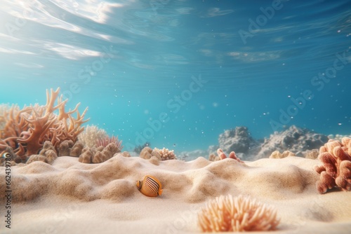 beautiful view of the seabed. corals. water penetrated by sunlight.