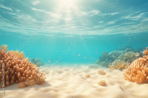 beautiful view of the sea floor. corals. exotic small fish. water pierced by sunlight.