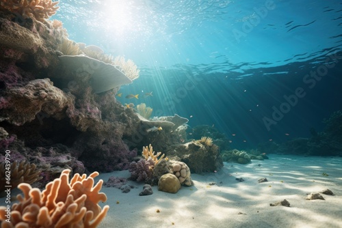 luxurious marine banner. underwater landscape. sunlit shelf view, coral thickets