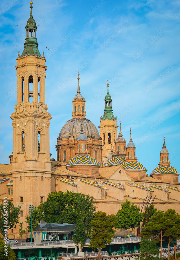 Selective focus on Basilica of Our Lady of Pillar in Zaragoza city, Aragon in Spain.