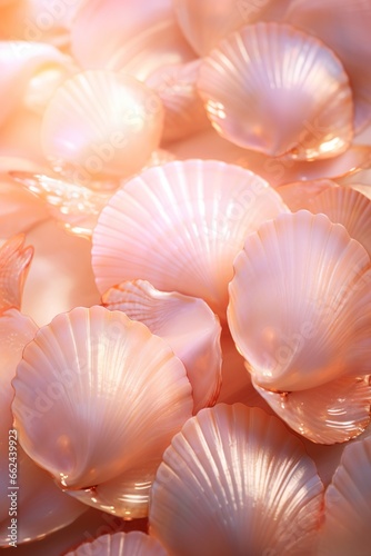 Marine banner. seashells flat layer. light pink colors.