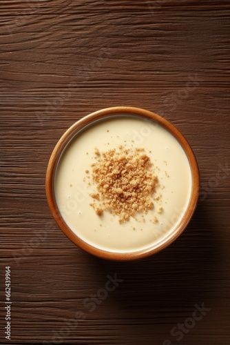 A bowl of appetizing spiced cream soup . On a wooden table. Simple, hearty, hot, homemade food. Comfort food concept. top view