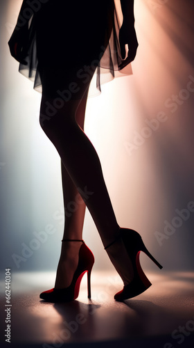 A woman in high heels standing in a spotlight