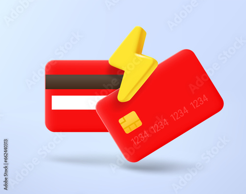 Red credit cards with thunderbolt. 3d vector icon