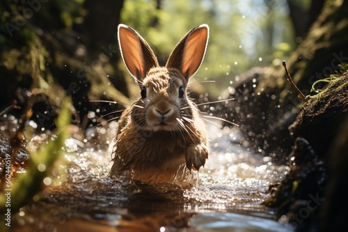 Cute little rabbit bathes in a river in the forest. Rabbit runs on water in forest. © vachom