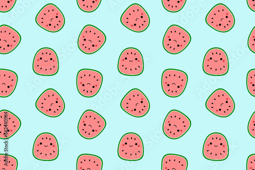 Blue pattern with cute watermelons. Squishmallow. Watermelon. Kawaii, Vector