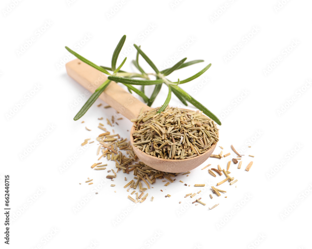 Wooden spoon with fresh and dry rosemary isolated on white Wooden spoon with fresh and dry rosemary isolated on white