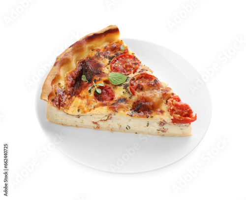 Piece of delicious homemade quiche with prosciutto isolated on white