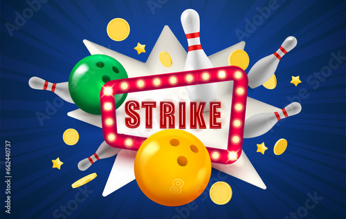 Strike concept with flying skittles and balls. 3d vector illustration