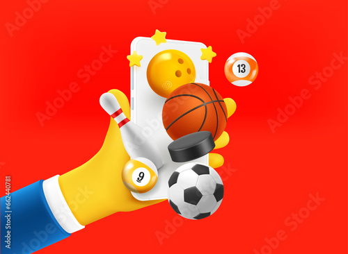 Businessman holding smartphone with sport entartainment application on the screen. 3d vector illustration
