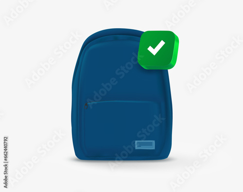 School bag with green checkmark. 3d vector icon