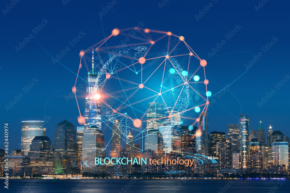 Skyline of New York City Financial Downtown Skyscrapers at night. Manhattan, NYC, USA. View from New Jersey. Decentralized economy. Blockchain, cryptography and cryptocurrency concept, hologram