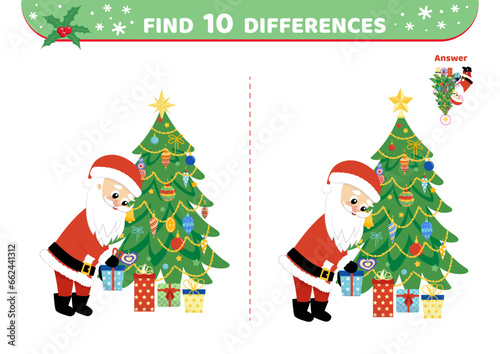 Santa is putting presents under Christmas tree. Find 10 differences. Game. Flat, cartoon, vector