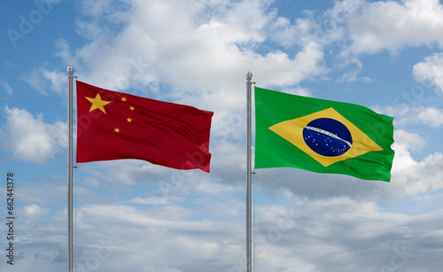 Photography China and Brazil flags, country relationship concept