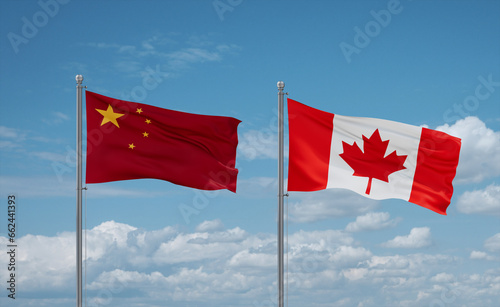 Canada and China flags, country relationship concept