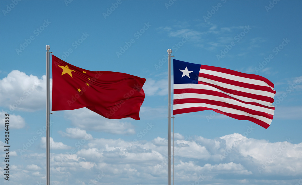 Liberia and China flags, country relationship concept Liberia and China flags, country relationship concept