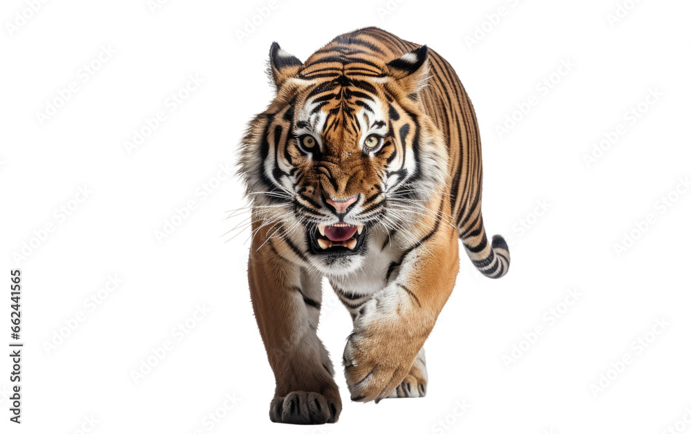 Fototapeta premium Tiger Running To The Target on a Clear Surface or PNG Transparent Background.