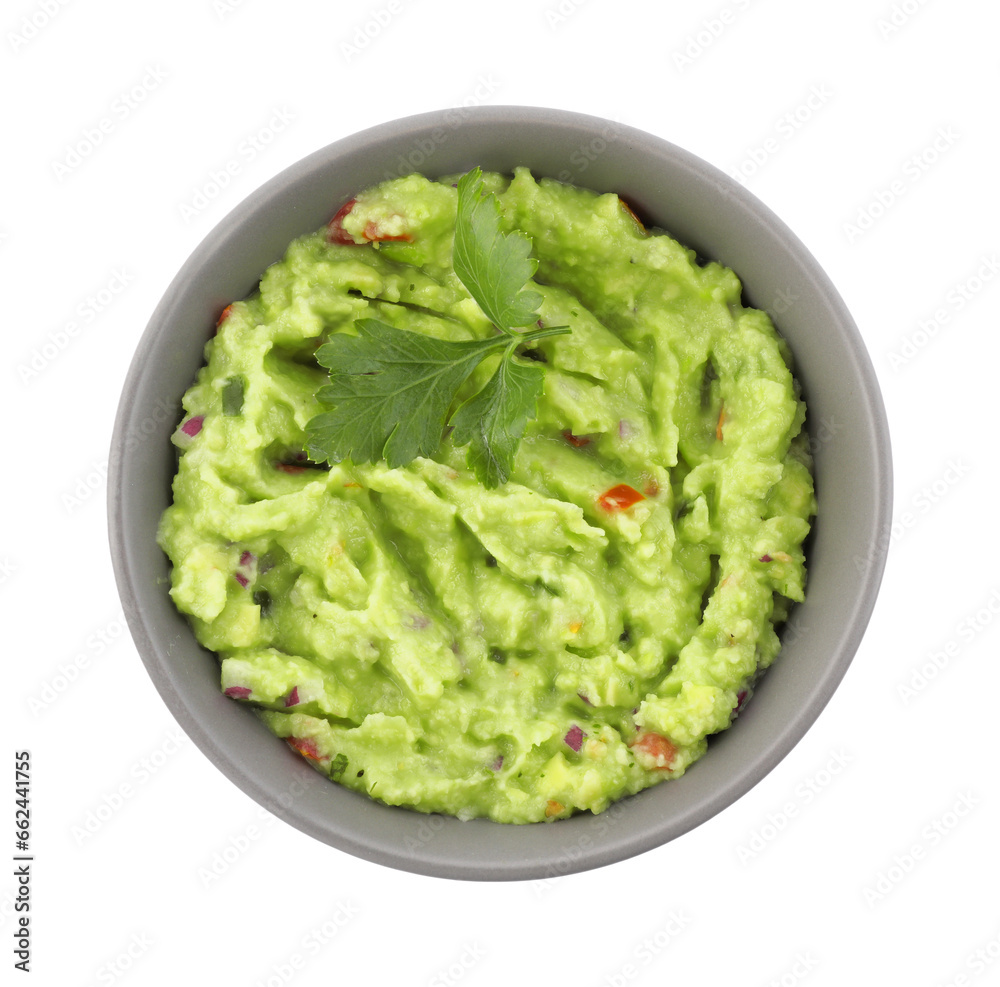 Bowl of delicious guacamole with parsley isolated on white, top view Bowl of delicious guacamole with parsley isolated on white, top view
