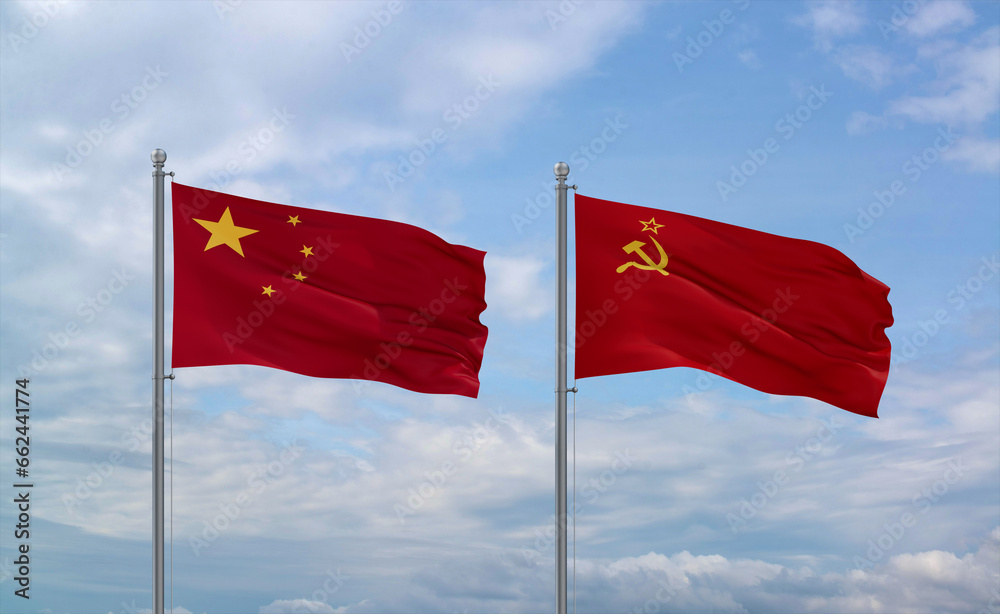 Soviet Union and China flags, country relationship concept Soviet Union and China flags, country relationship concept