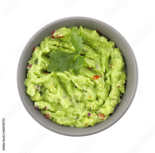 Bowl of delicious guacamole with parsley isolated on white, top view
